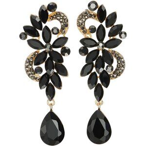 Large Art Deco Black Rhinestone Crystal Drop Earrings Gold Alloy Statement Jewel